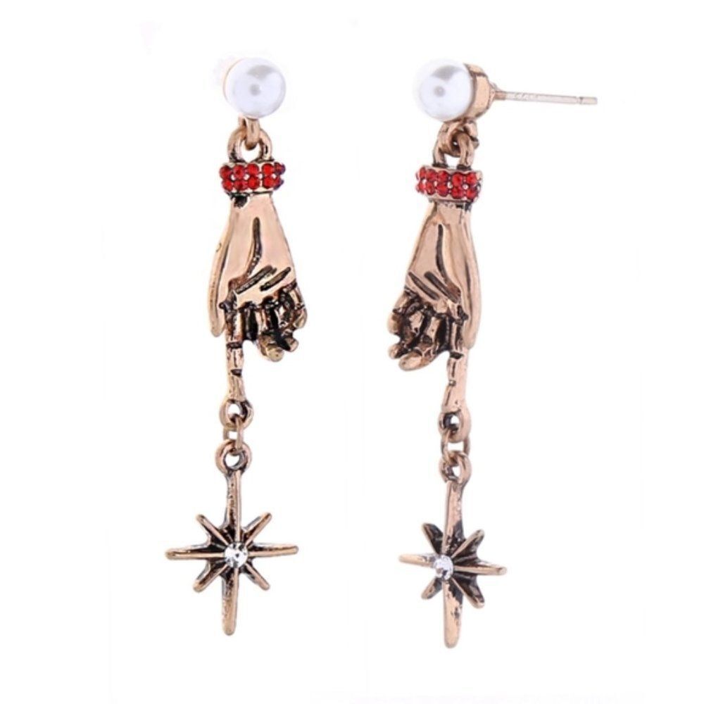 Ruby Red Star Hand Crystal & Pearl Drop Earrings – Antique Gold Finish